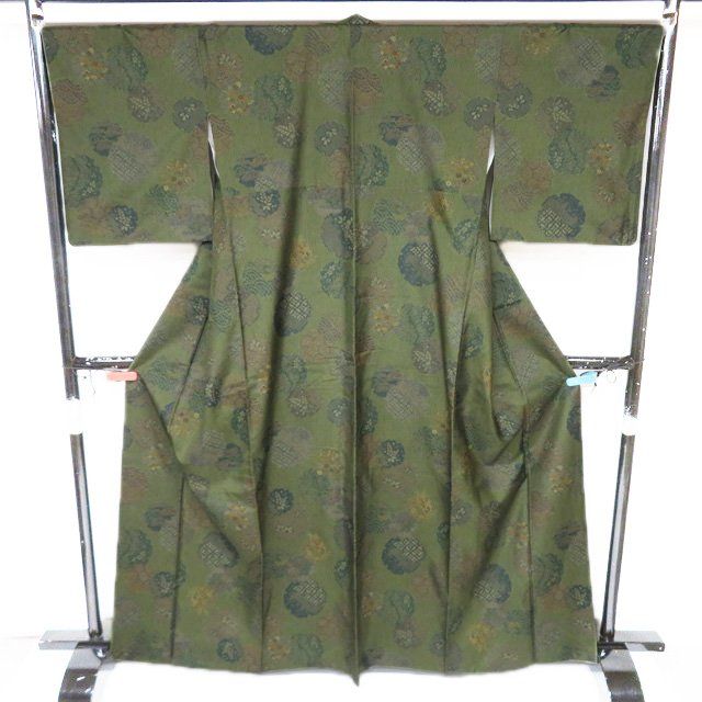 大島紬 着物 正絹 袷 カジュアル 絞り模様 雪輪に花模様 老竹色 多色 身丈164.5 cm 裄68.5 L きもの北條 A 1304-9