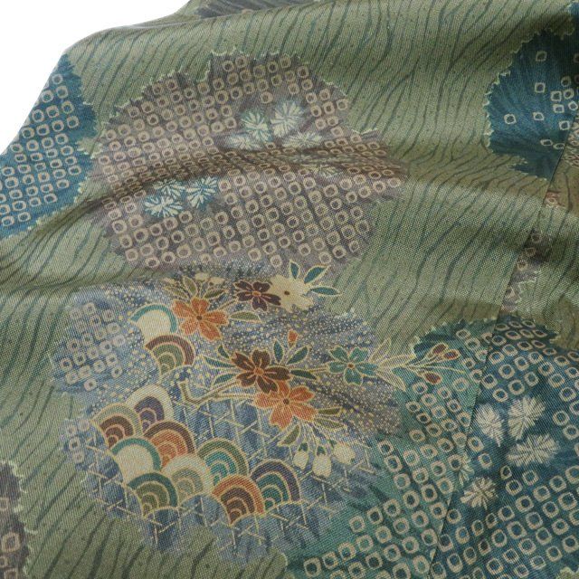  大島紬 着物 正絹 袷 カジュアル 絞り模様 雪輪に花模様 老竹色 多色 身丈164.5 cm 裄68.5 L きもの北條 A 1304-9 紬 着物