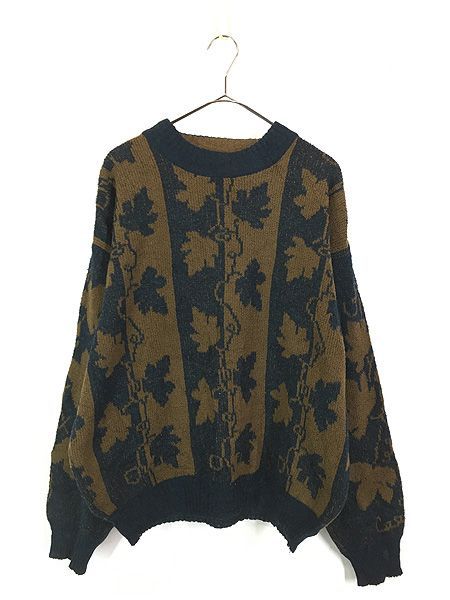 古着 80s Italy製 LANVIN ボタニカル フラワー ストライプ モックネック モヘア ウール ニット セーター XL位