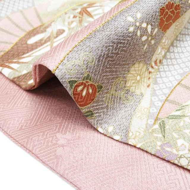 訪問着 着物 中古 袷 フォーマル 金駒刺繍 花の図 霞 宝物 地模様 朱鷺