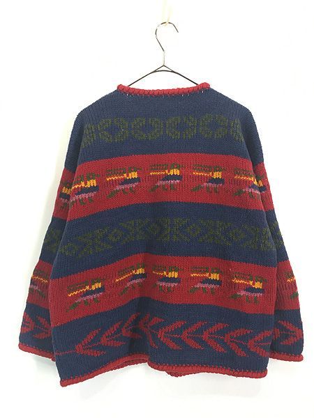 ボリビア製古着【ウールネイティブ ボーダー ニット カーディガン】メンズ XL程 古着 90s ボリビア製 フェニックス ネイティブ パターン ヘビー ウール