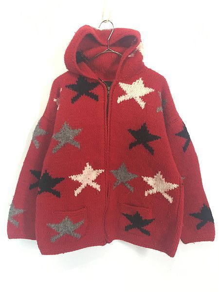 古着 90s エクアドル製 星 スター ヘビー ウール ニット パーカーL位
