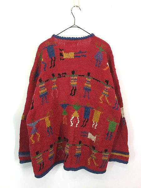 古着 90s AMANO ボリビア製 人柄 総柄 カラフル ポップ ヘビー ウール ニット カーディガン LX位 古着 古着 90s AMANO ボリビア製 人柄 総柄 カラフル ポップ ヘビー ウール