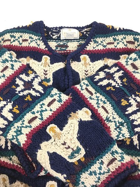 古着 90s EXPRESS TRICOT 手つなぎ 人 モチーフ ネイティブ パターン ヘビー ウール ニット カーディガン L位 古着 古着 90s EXPRESS TRICOT 手つなぎ 人 モチーフ ネイティブ パターン
