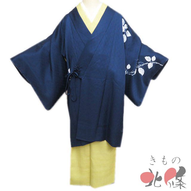 コート 道中着 着物 正絹 葉っぱ模様 濃紺色 身丈93.5cm 裄62cm きもの 