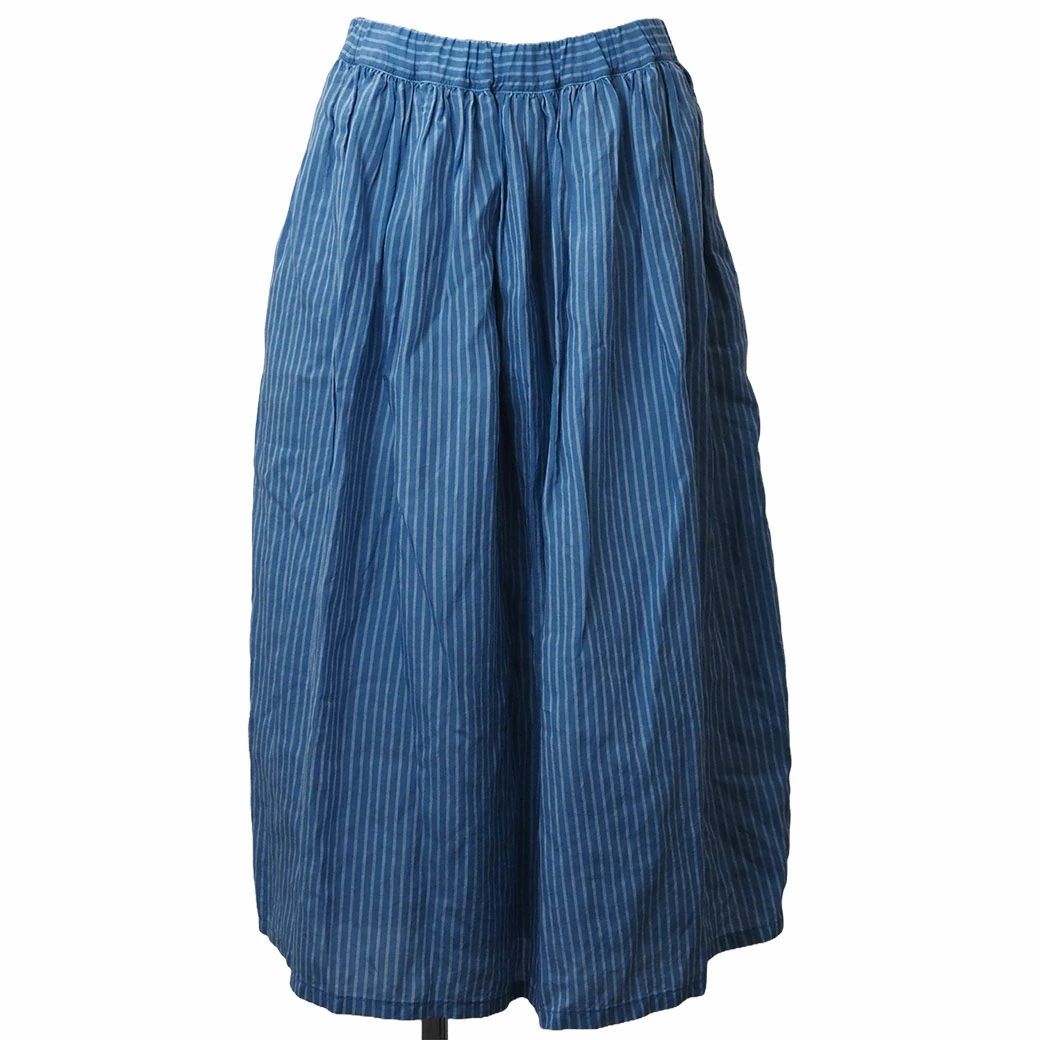 Plantation プランテーション ロング フ スカート ブルー レディース 麻 2 M位 オーバーサイズ ウエストゴム 春夏 麻混 ストライプ