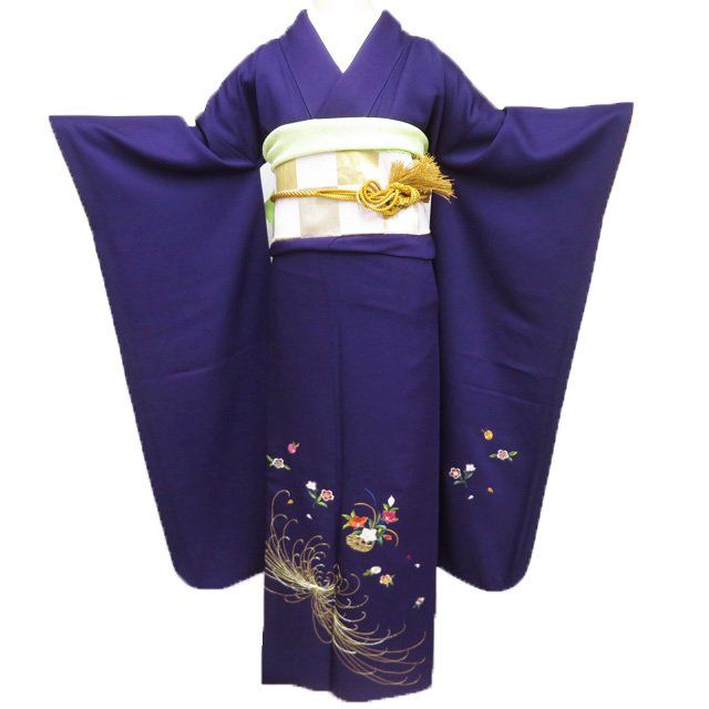振袖 着物  正絹 金駒刺繍 花の図 深紫色 多色 金 身丈158cm 裄64.5cm M きもの北條 A1224-11
