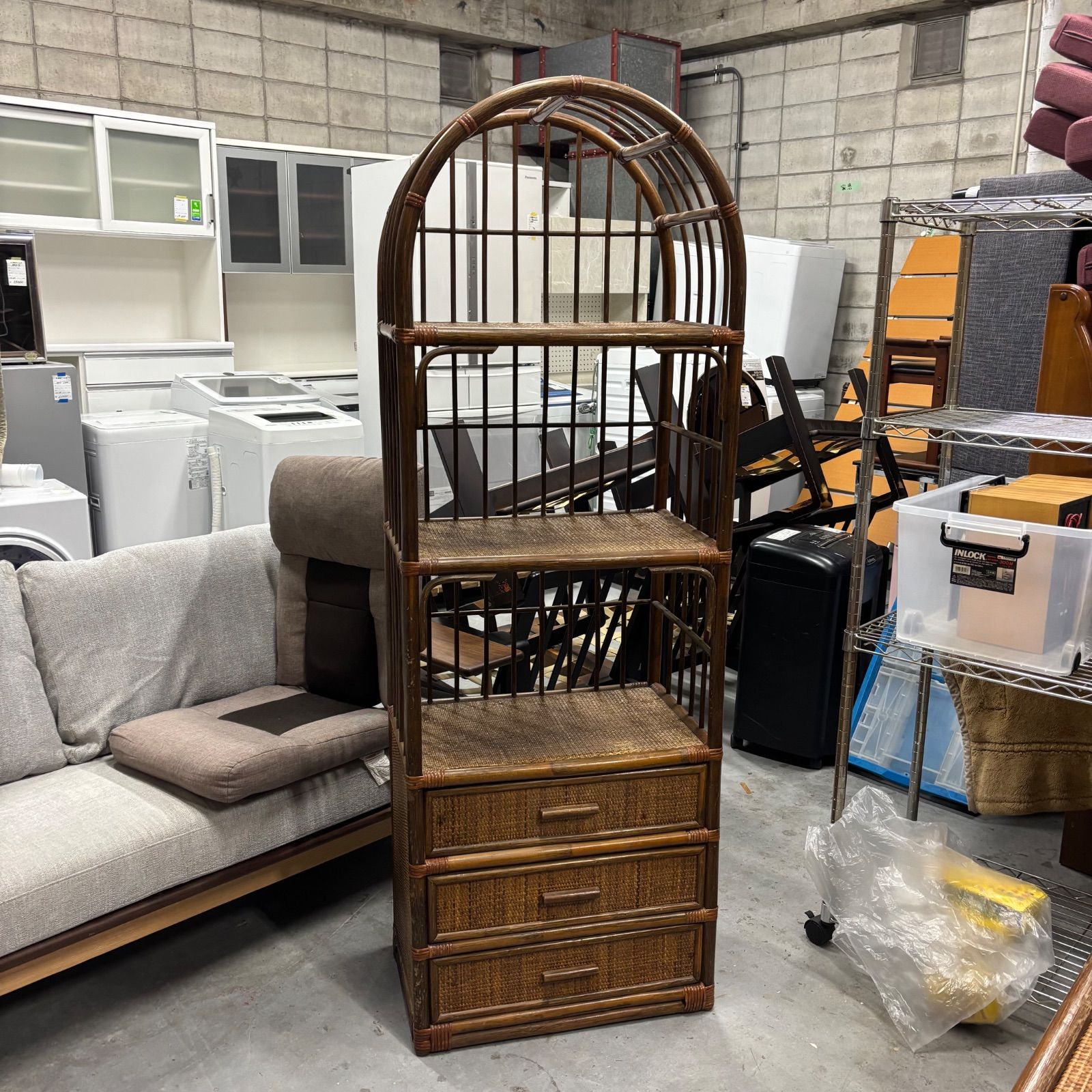 ヴィンテージ ラタン アーチ型 シェルフ 3段チェスト 籐家具