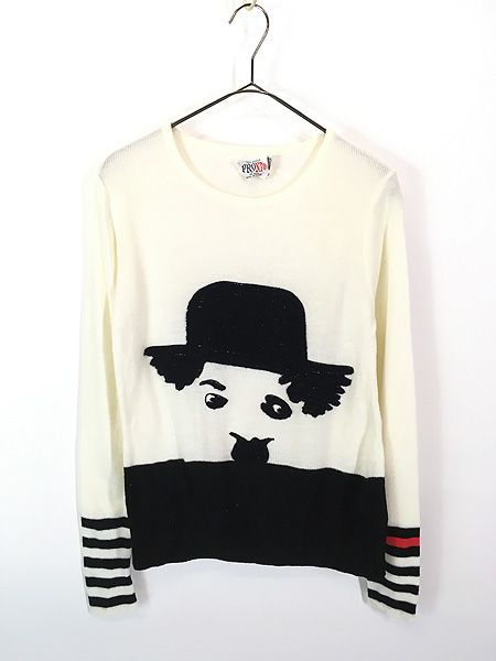 レディース 古着 80s PRONTO チャップリン風 紳士 デザイン サガラ刺しゅう ライト ニット セーター M 古着