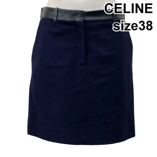セリーヌ CELINE ミニスカート ウエストバンドレザー 異素材 Aライン ネイビー 黒 毛100％ ラムレザー 38 M 9号 レディース S 5 Y 094