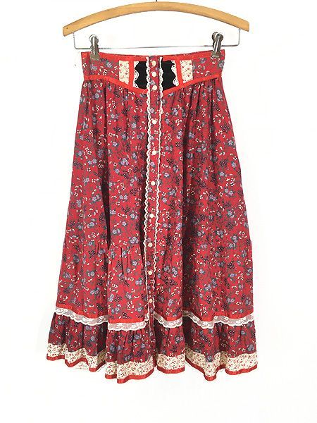 レディース 古着 70 s GUNNIES 花 レース デザイン ギャザー フ スカート ロング丈 S位