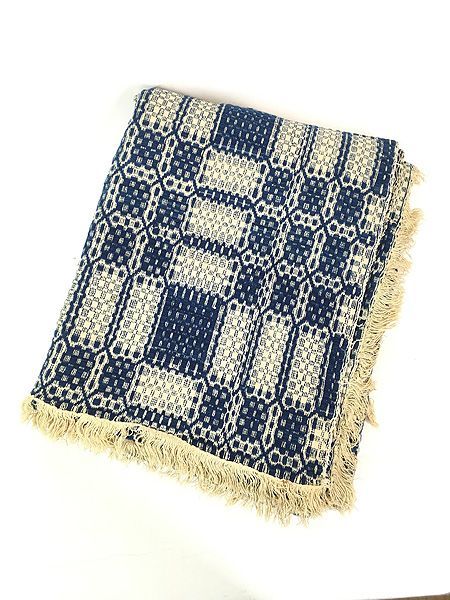 雑貨 古着 40 s～ 青×オフホワイト マルチ チェック フリンジ ブランケット ラグ マット 大判