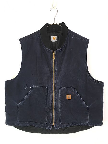 古着 Carhartt ネイビー ダック 首リブ パデット ベスト XL位
