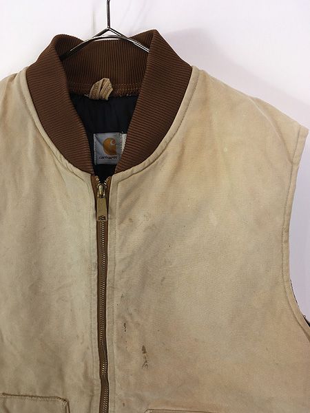 古着 80 s Carhartt ダメージ ブラウン ダック 首リブ パデット ベスト XXL Tall 腰ゴム