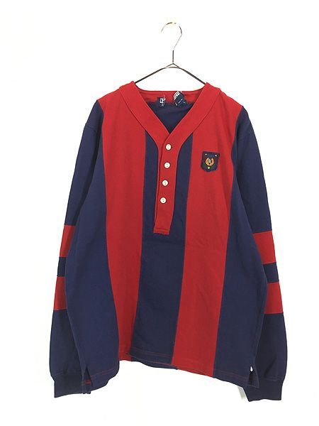 古着 90 s Polo Ralph Lauren 紺×赤 生地 切替 ワイド ストライプ ヘンリーネック 長袖 Tシャツ ロンT L