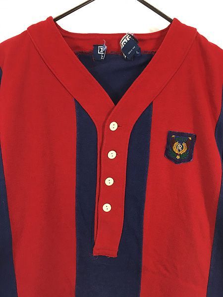 古着 90 s Polo Ralph Lauren 紺×赤 生地 切替 ワイド ストライプ ヘンリーネック 長袖 Tシャツ ロンT L
