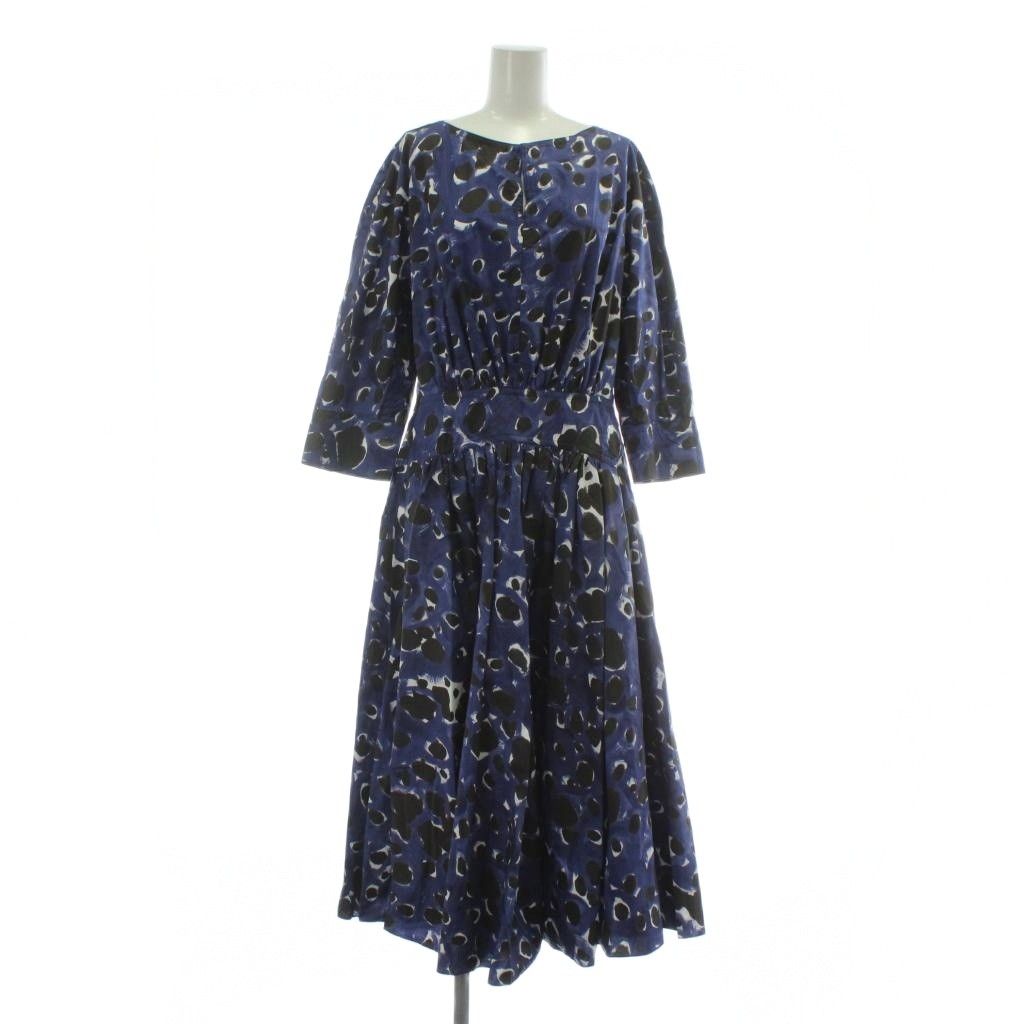 【中古】マルニ MARNI 22AW アブストラクトパターン ドレス ワンピース 長袖 ロング 総柄 40 L 紺 黒 マルニ MARNI 22AW アブストラクトパターン ドレス ワンピース 長袖