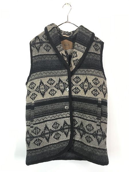 古着 80 s WoolRich ネイティブ チマヨ 総柄 ショール ウール ブランケット ベスト コンチョボタン L