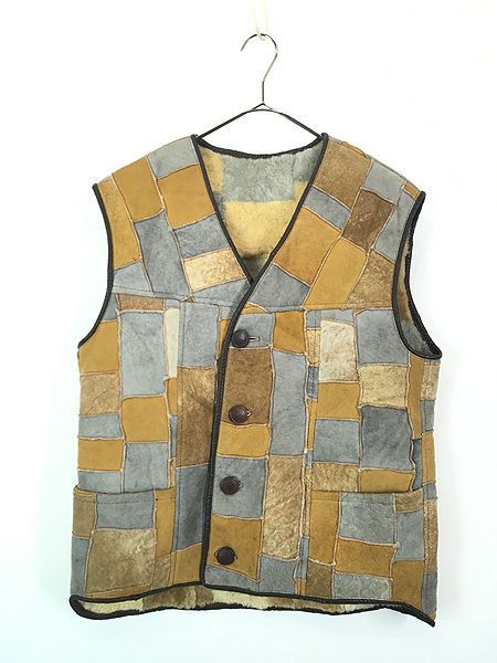 古着 70 80 s 本革 ムートン シープスキン レザー パッチワーク ベスト 42位
