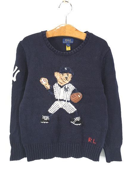キッズ 古着 POLO Ralph Lauren BEAR ポロベア × MLB York Yankees ヤンキース ニット セーター 7歳位