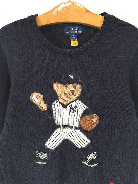 キッズ 古着 POLO Ralph Lauren BEAR ポロベア × MLB York Yankees ヤンキース ニット セーター 7歳位