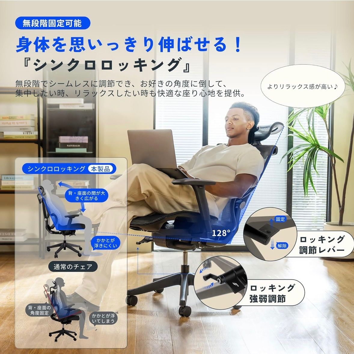 無段階固定 前傾チルト機能