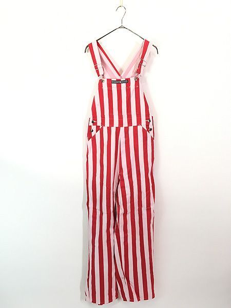 古着 90 s GAME BIBS 太ピッチ ストライプ 総柄 デザイン オーバーオール 赤×白