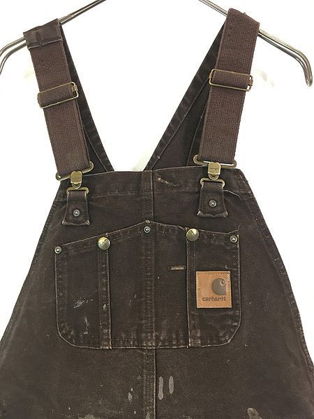 古着 Carhartt 防寒 パデット ペンキ ダーク ブラウン ダック Wニー ワーク オーバーオール W 36 L 32