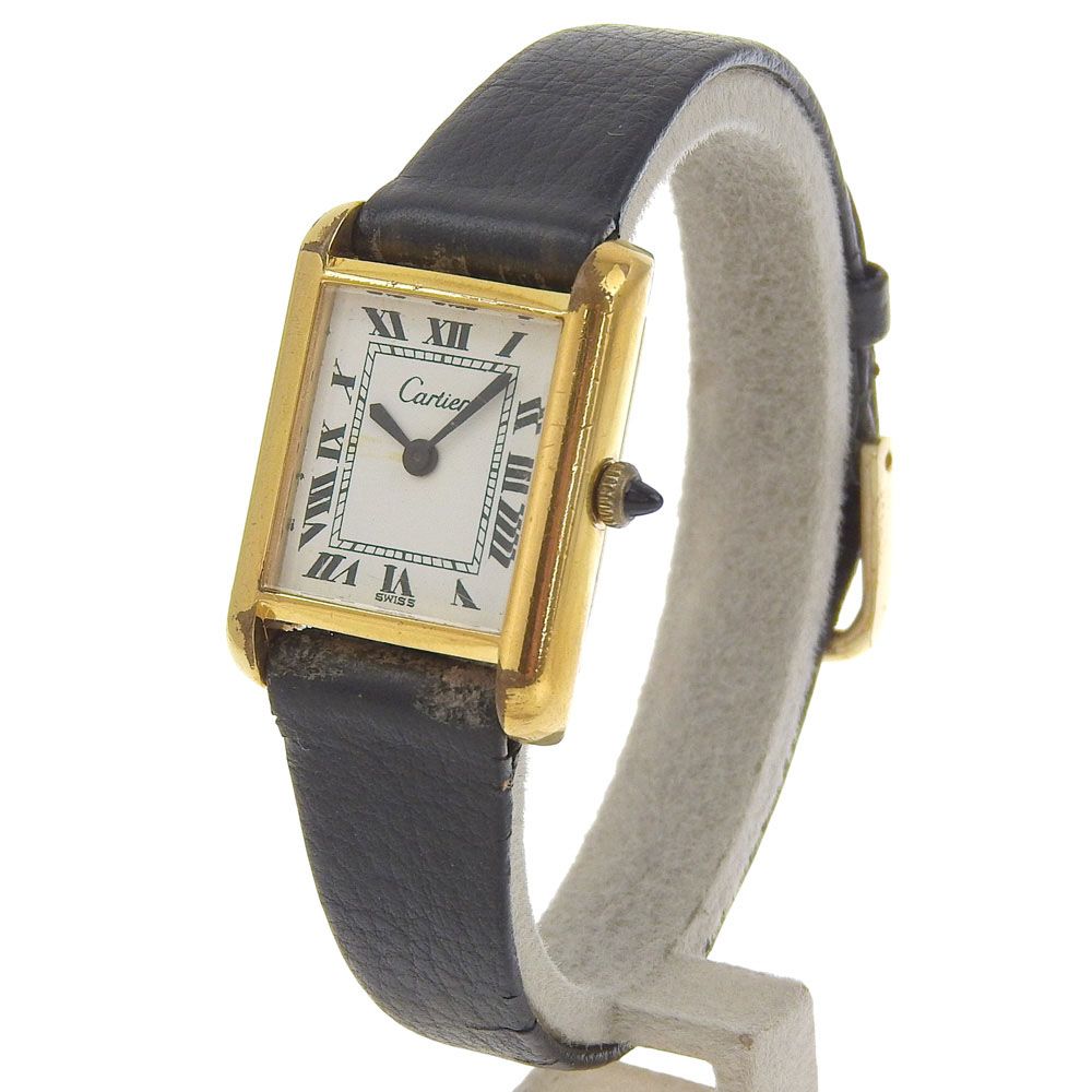 カルティエ CARTIER マストタンクSM 白文字盤 GP レザー 2025 11 OH済 28 mm×20 mm 手巻 レディース 腕時計 アンティーク