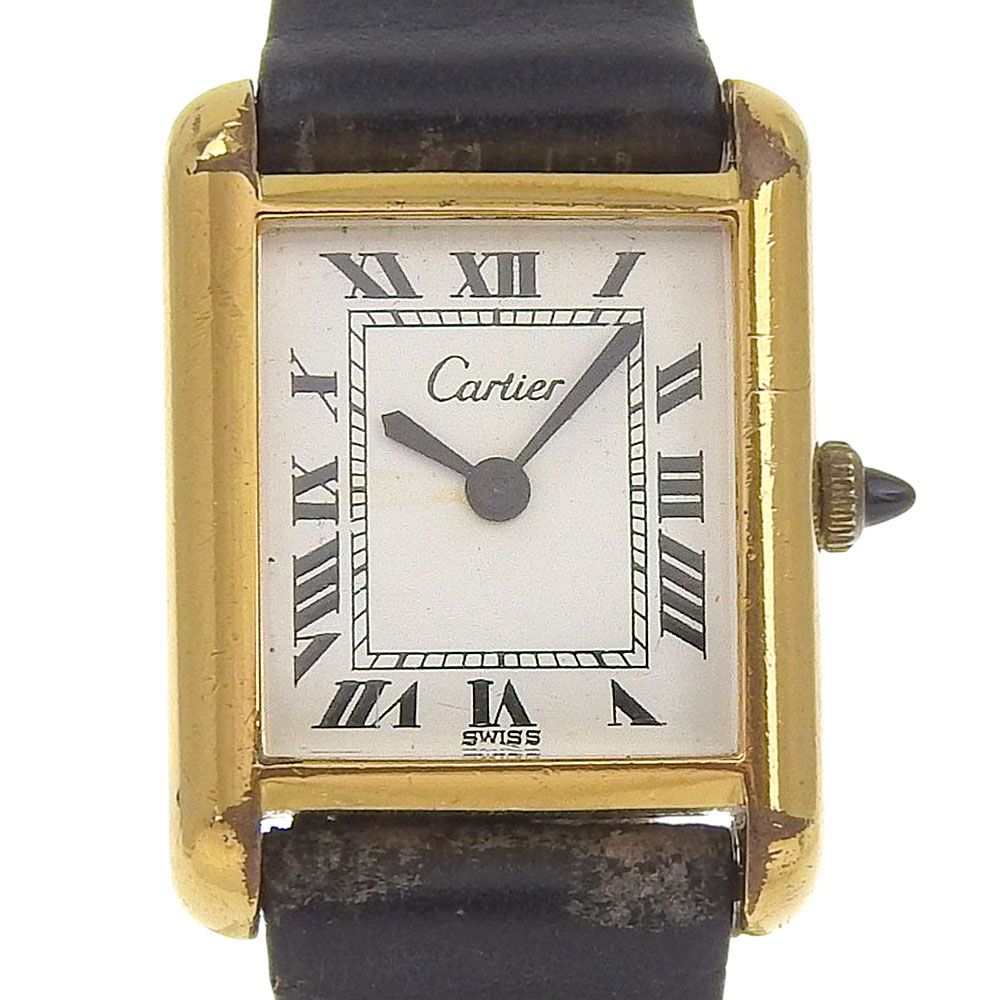 カルティエ CARTIER マストタンクSM 白文字盤 GP レザー 2025 11 OH済 28 mm×20 mm 手巻 レディース 腕時計 アンティーク