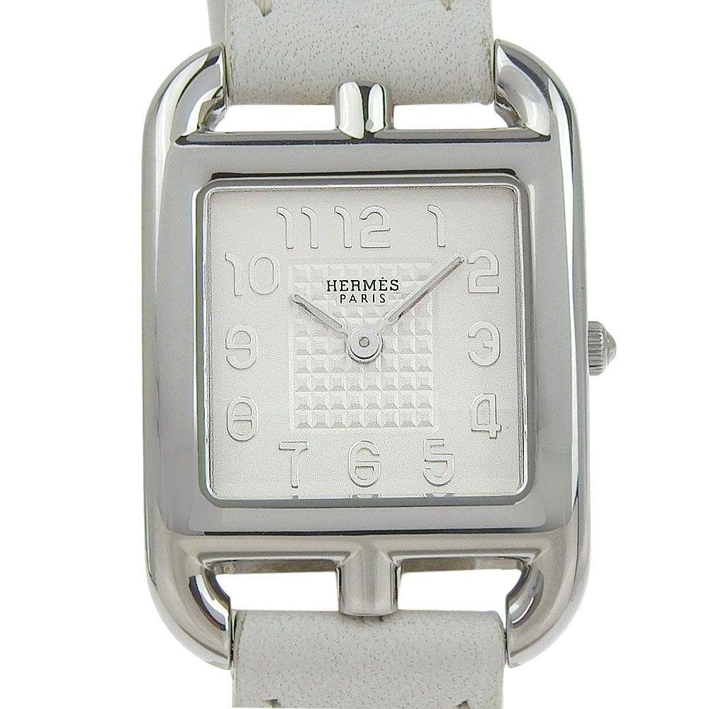 布袋付 エルメス HERMES ケープコッド CC 1 210 R刻印 白文字盤 SS レザー 33 mm 23 クォーツ レディース 腕時計
