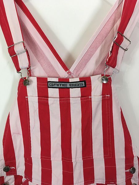 古着 90 s GAME BIBS 太ピッチ ストライプ 総柄 デザイン オーバーオール 赤×白
