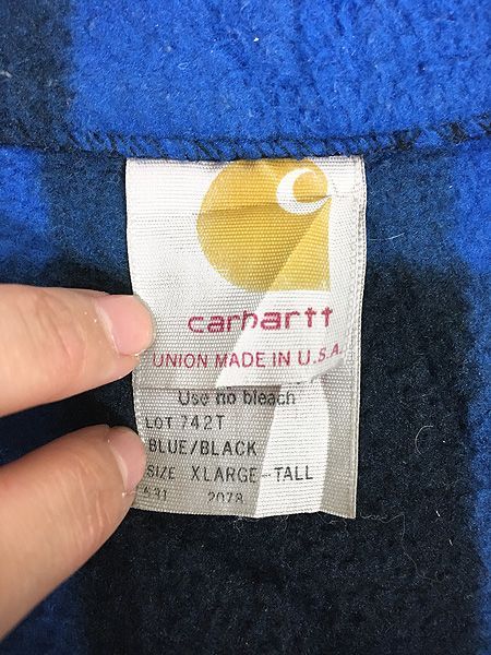 古着 80s USA製 Carhartt 青×黒 ブロック チェック ラグラン フリース