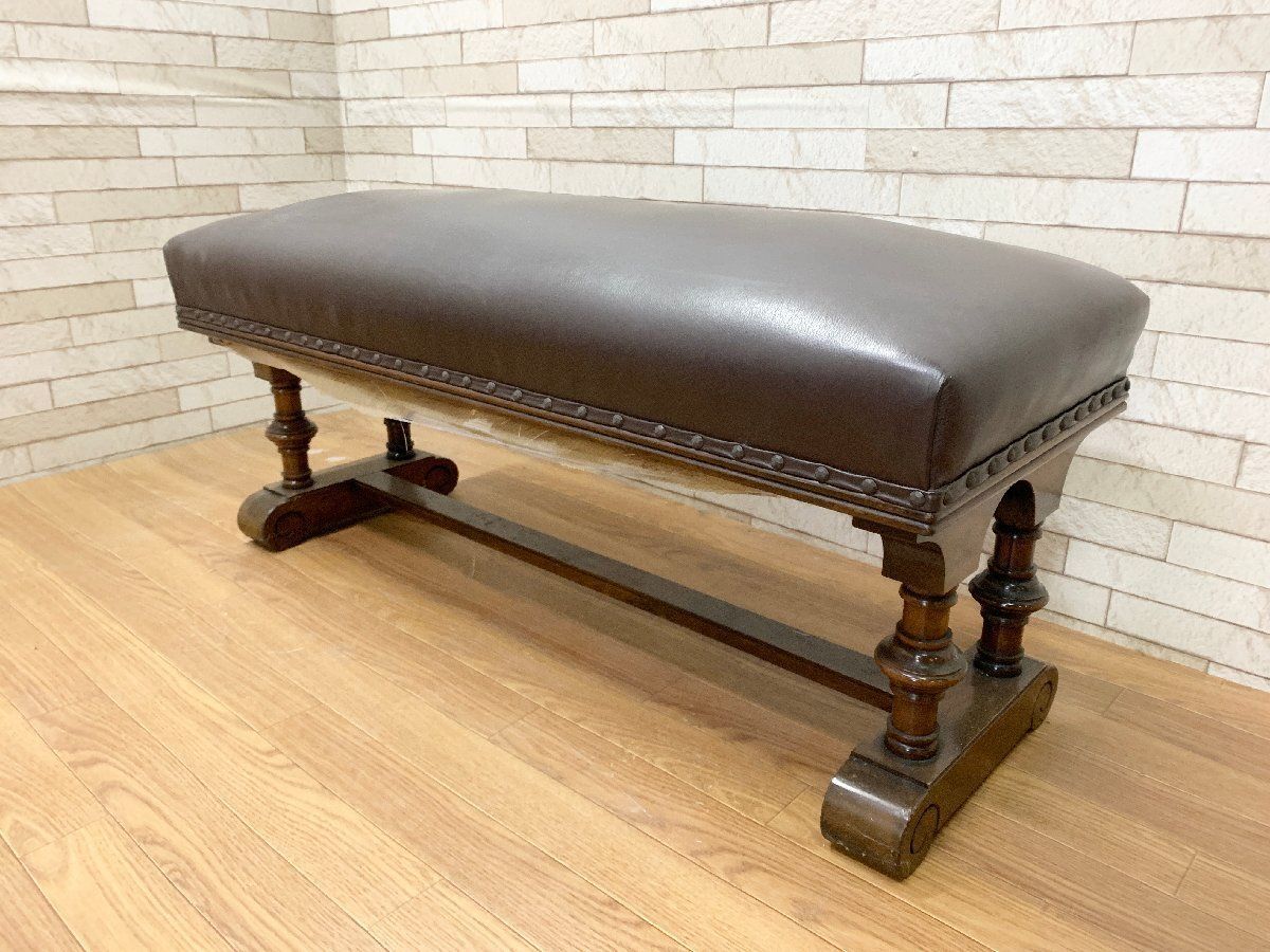 ◇英国アンティーク スツール 腰掛 椅子 チェア ベンチ レザー 鋲打ち
