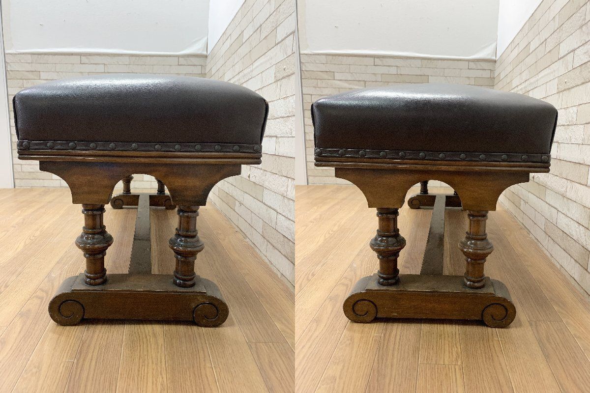 ◇英国アンティーク スツール 腰掛 椅子 チェア ベンチ レザー 鋲打ち