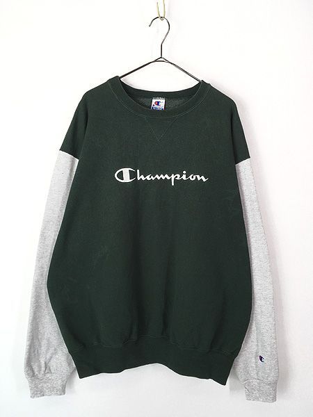 古着 90s USA製 Champion BIG ロゴ 刺しゅう 深緑×グレー バイカラースウェット トレーナー XXL 古着 