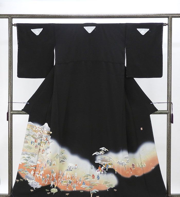 留袖 正絹 時代 風景 身丈158 cm 裄丈64 角立四つ目 黒留袖 未着用 着物 結婚式 披露宴 f 4095