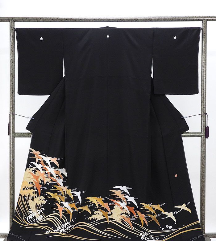 留袖 未使用 正絹 舞鶴 立浪 身丈160cm 裄丈66.5cm 橘 黒留袖 黒留袖