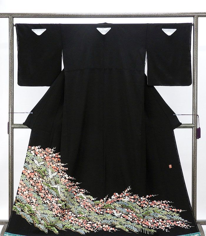 留袖 正絹 舞鶴 松竹梅 身丈166 cm 裄丈66 丸に角立組井筒 黒留袖 未着用 着物 結婚式 披露宴 f 4093