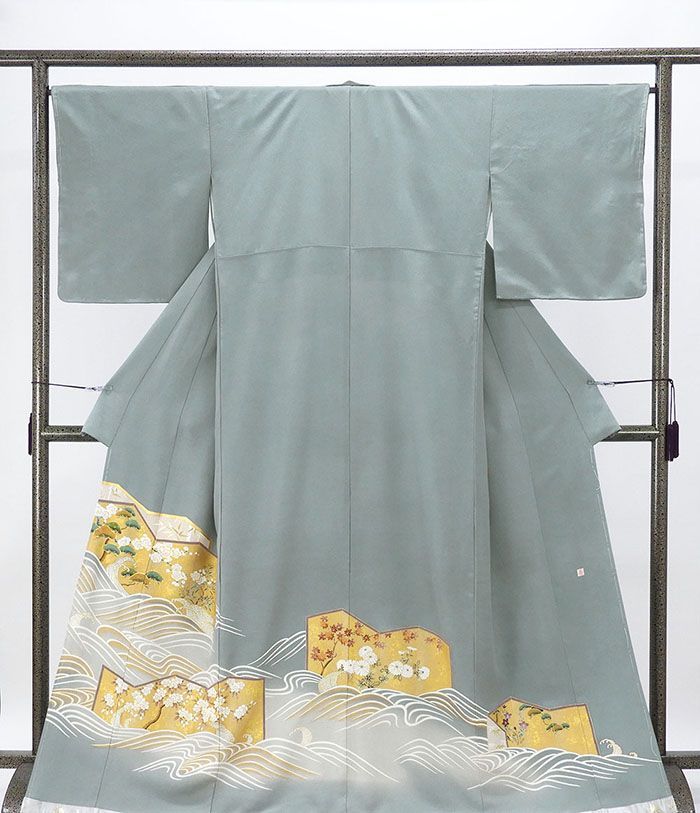 色留袖 正絹 立浪 四季花 屏風 身丈167.5 cm 裄丈66.5 紋なし 未着用 着物 フォーマル レディース f 4081