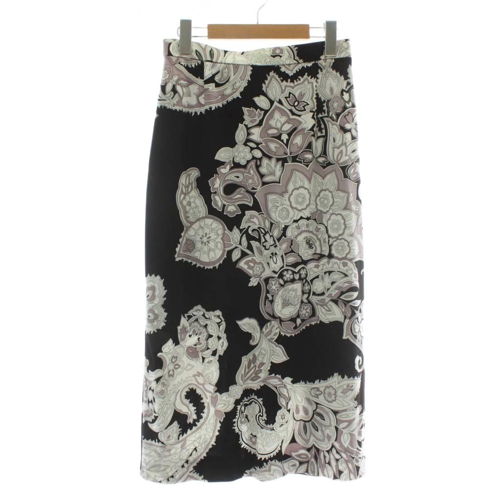 【中古】レオナール LEONARD タイトスカート ひざ丈 花柄 総柄 ロゴ L 黒 ブラック 白 ホワイト 紫 パープル レオナール LEONARD タイトスカート ひざ丈 花柄 総柄 ロゴ L 黒