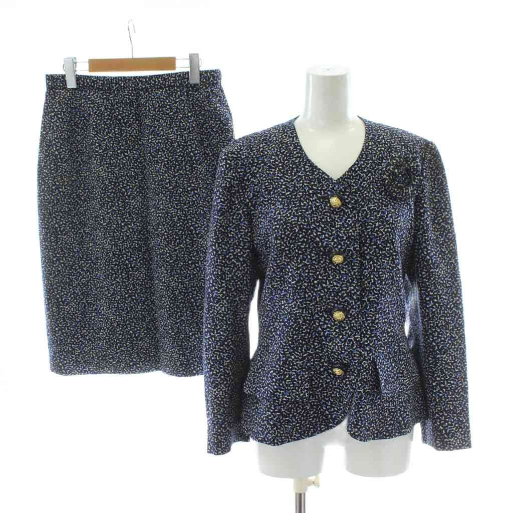 【中古】キミジマ KIMIJIMA セットアップ ノーカラージャケット タイトスカート ウール 9 ネイビー 紺色 総柄 膝丈 キミジマ KIMIJIMA セットアップ ノーカラージャケット タイトスカート