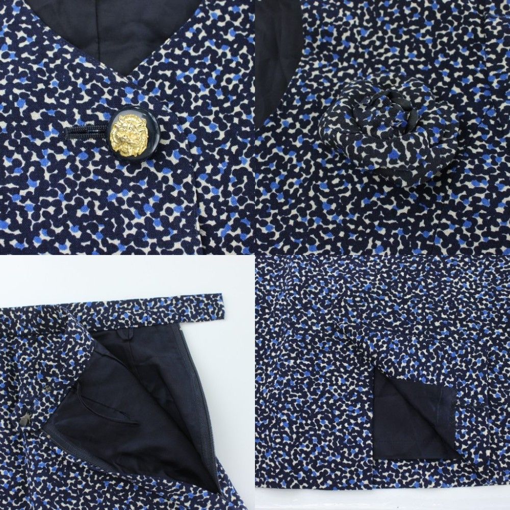 【中古】キミジマ KIMIJIMA セットアップ ノーカラージャケット タイトスカート ウール 9 ネイビー 紺色 総柄 膝丈 キミジマ KIMIJIMA セットアップ ノーカラージャケット タイトスカート