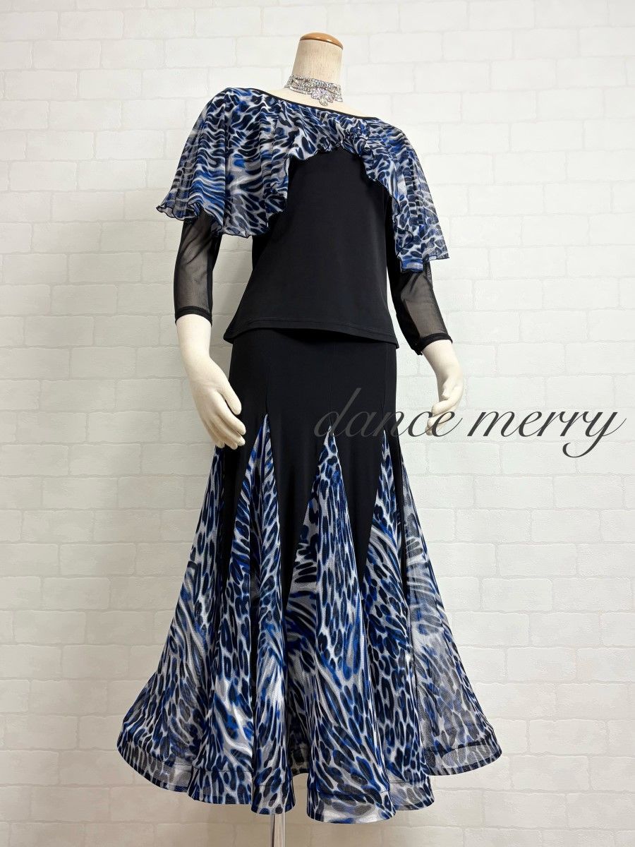 MERRY】新品 社交ダンス ツーピース セットアップ 青 黒 白 パーティ