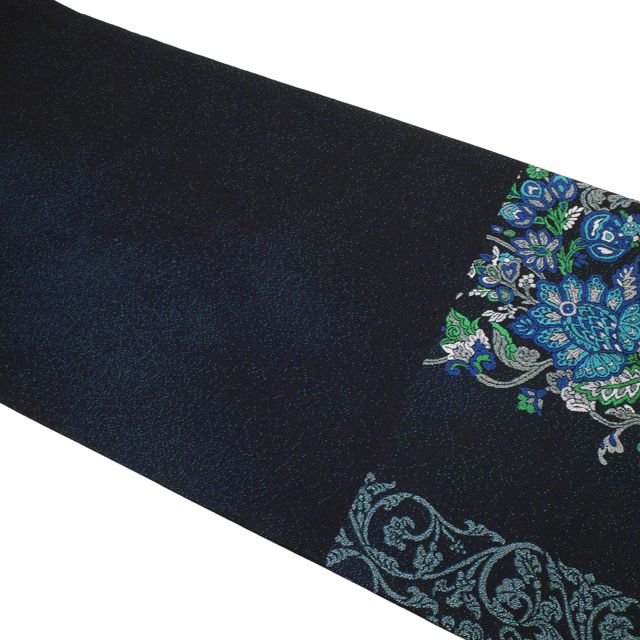 新古品】 袋帯 正絹 未使用 全通 長尺 黒地 ブラック ブルー系