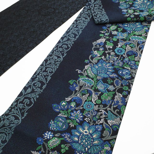 新古品】 袋帯 正絹 未使用 全通 長尺 黒地 ブラック ブルー系