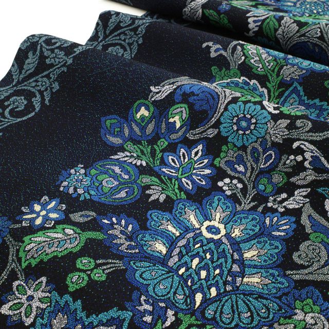 新古品】 袋帯 正絹 未使用 全通 長尺 黒地 ブラック ブルー系