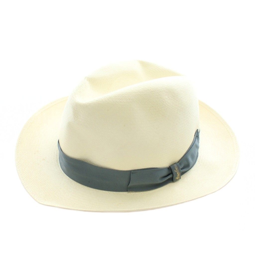 ボルサリーノ Borsalino イタリア製 帽子 中折れ帽 パナマハット 天然草 リボン 57 白 ホワイト 青 ブルー XZ GY 44