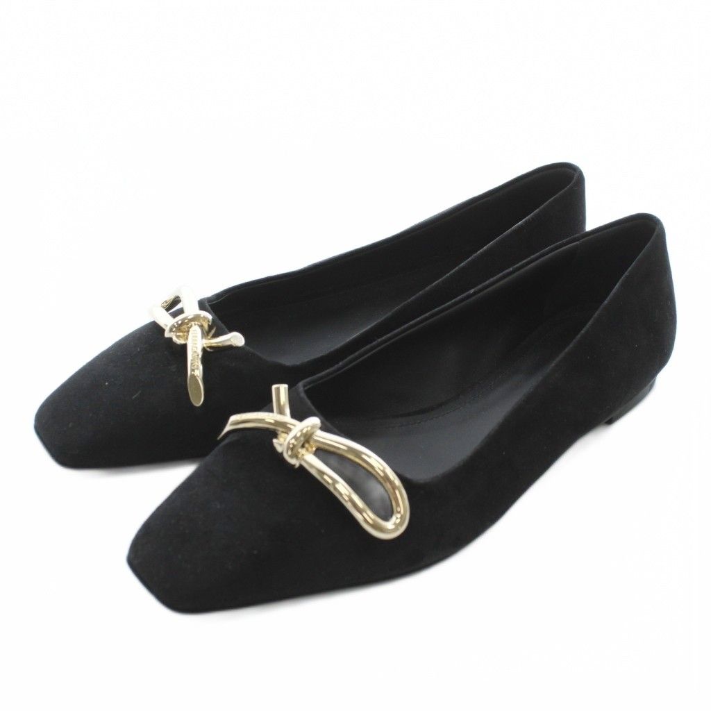 サルヴァトーレフェラガモ Salvatore Ferragamo ANNIE パンプス フラットシューズ スエード スクエアトゥ ロゴ ゴールド金具 6 5 23 cm 24 黒 ブラック XZ GY 19