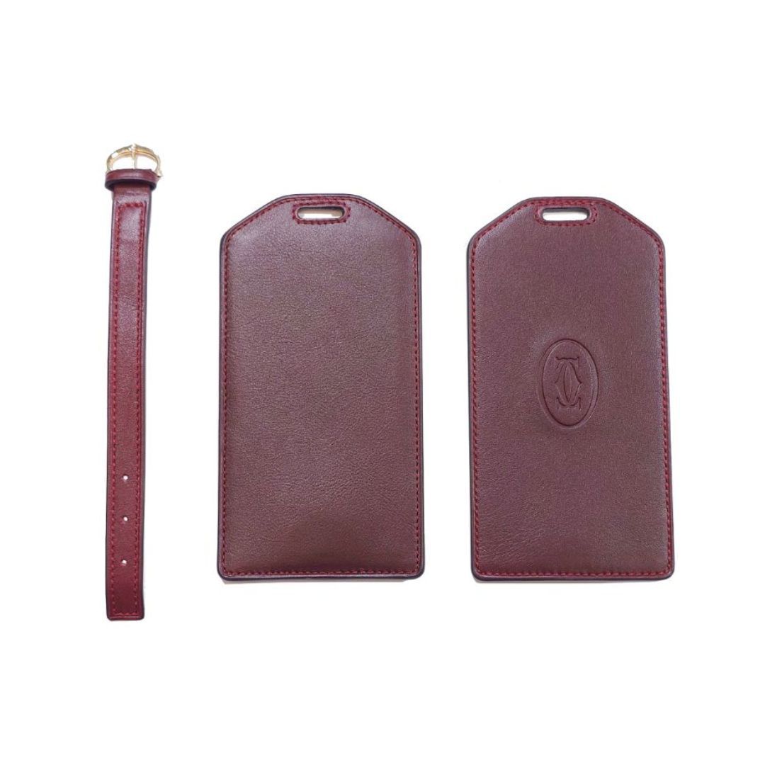  Cartier カルティエ ラゲージタグ ネームタグ バッグチャーム ボルドー レザー バインダークリップ セット定規 名札 番号札 文房具 事務用品